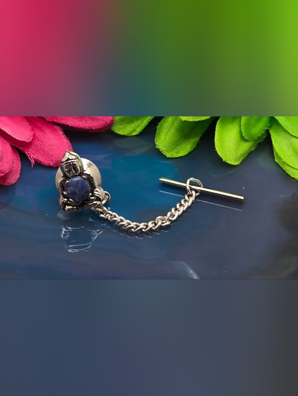 Lapel Pin with Blue Sodalite Stone & Chain Silver Tone Measures ½" Tall